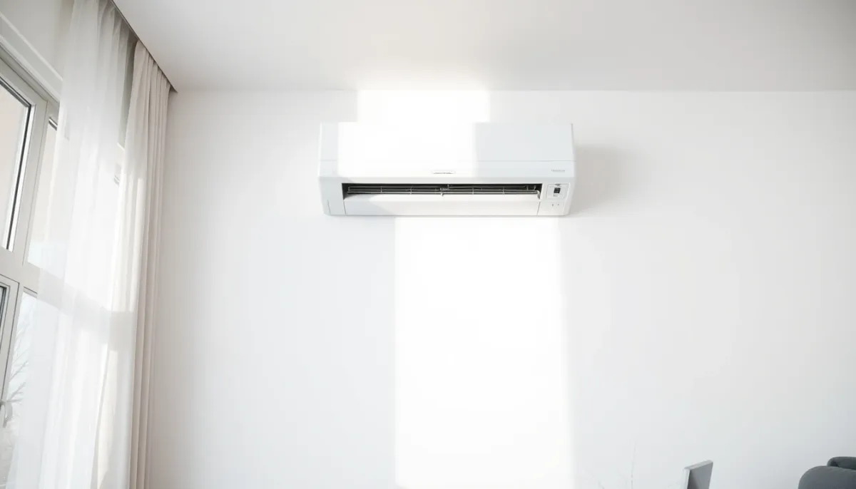 Unité intérieure murale d'une pompe à chaleur Mitsubishi dans un salon lumineux