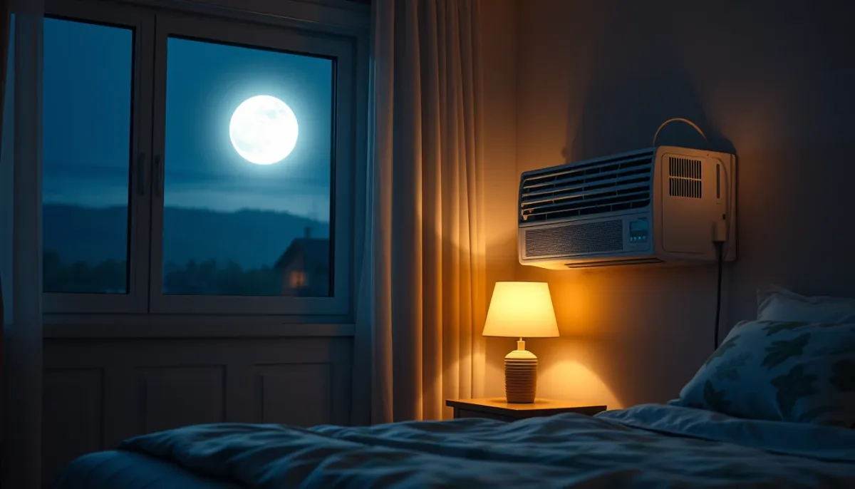 Pompe à chaleur en fonctionnement silencieux dans une chambre la nuit