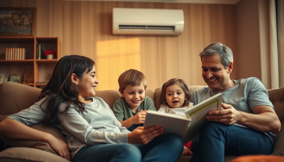 Famille profitant d'un intérieur confortable équipé d'une pompe à chaleur