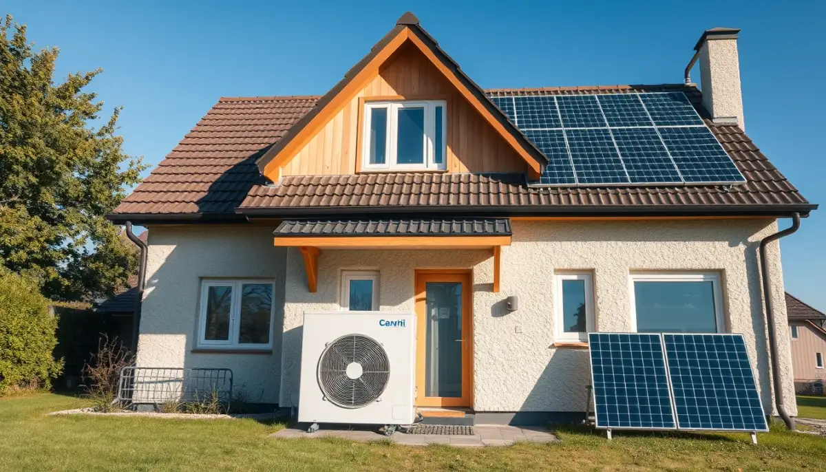 Maison bien isolée équipée d'une pompe à chaleur et de panneaux solaires