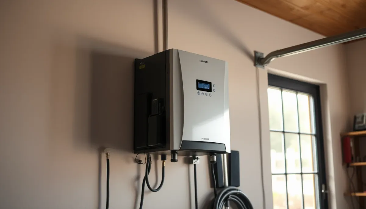 Onduleur solaire installé sur un mur de garage, prêt à être remplacé