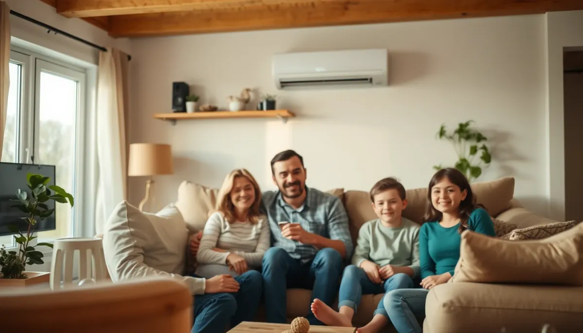 Famille dans un pavillon confortable équipé d'une pompe à chaleur