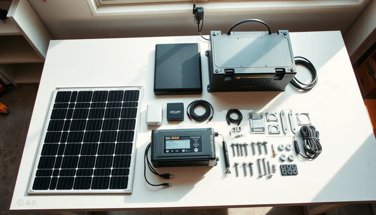 Composants d'un kit solaire avec batterie lithium, onduleur et panneaux photovoltaïques