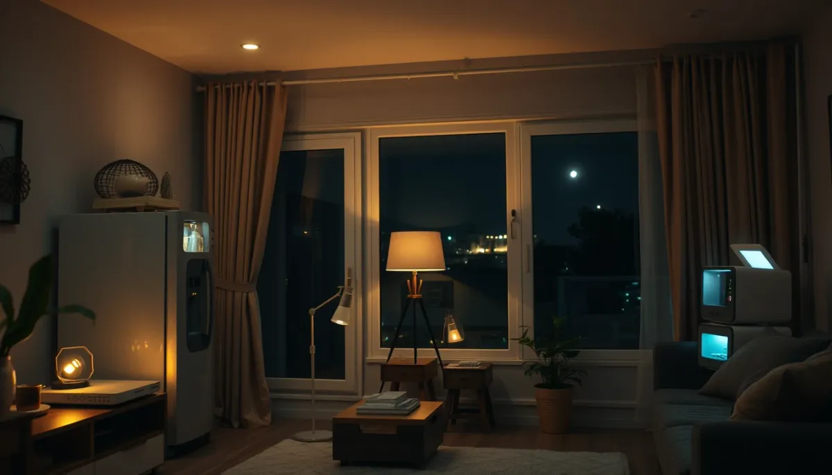 Intérieur domestique le soir avec appareils essentiels alimentés par une batterie solaire