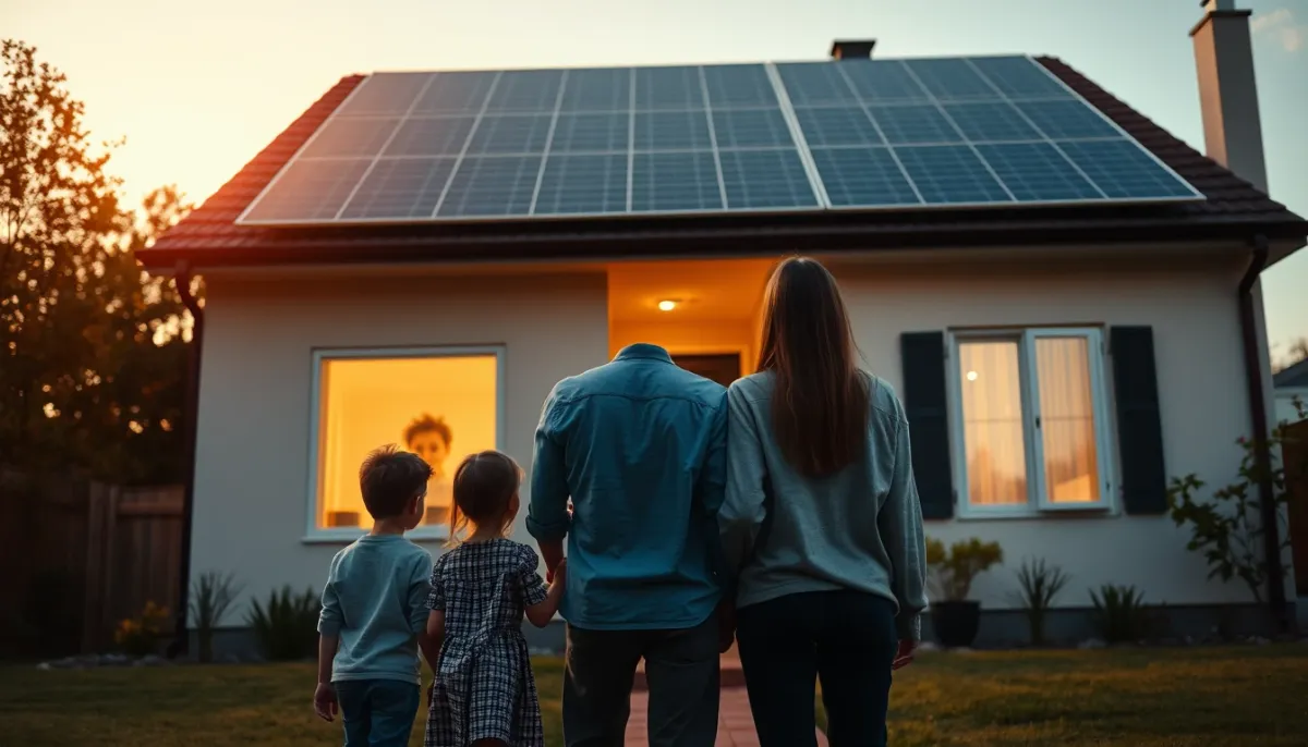 Famille devant une maison équipée de panneaux solaires, illustrant l'adéquation du kit solaire