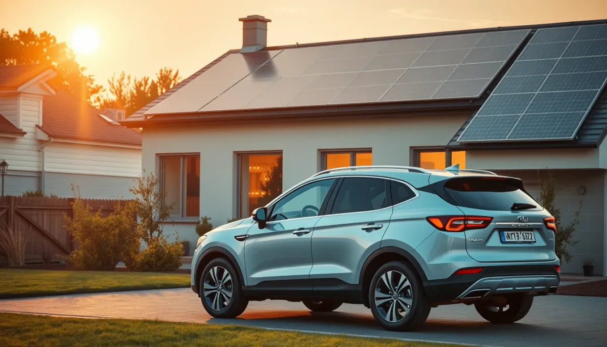 Maison avec panneaux solaires et voiture électrique, illustrant l'autoconsommation