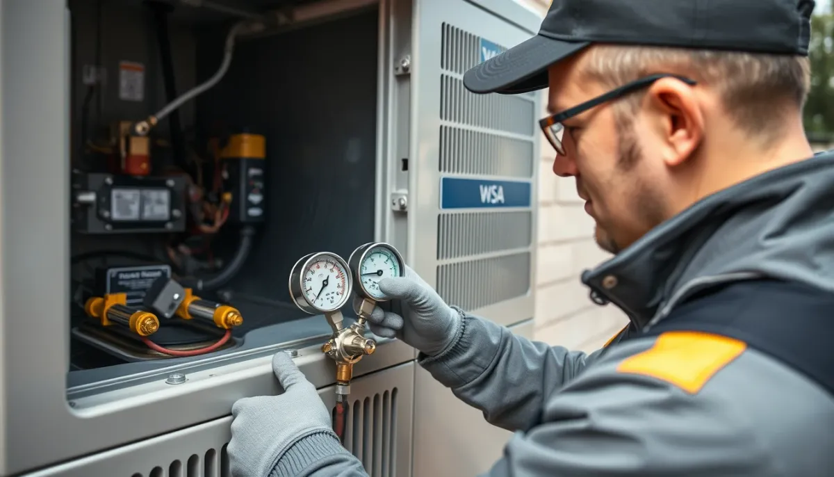 Technicien contrôlant la pression du circuit frigorifique d'une pompe à chaleur