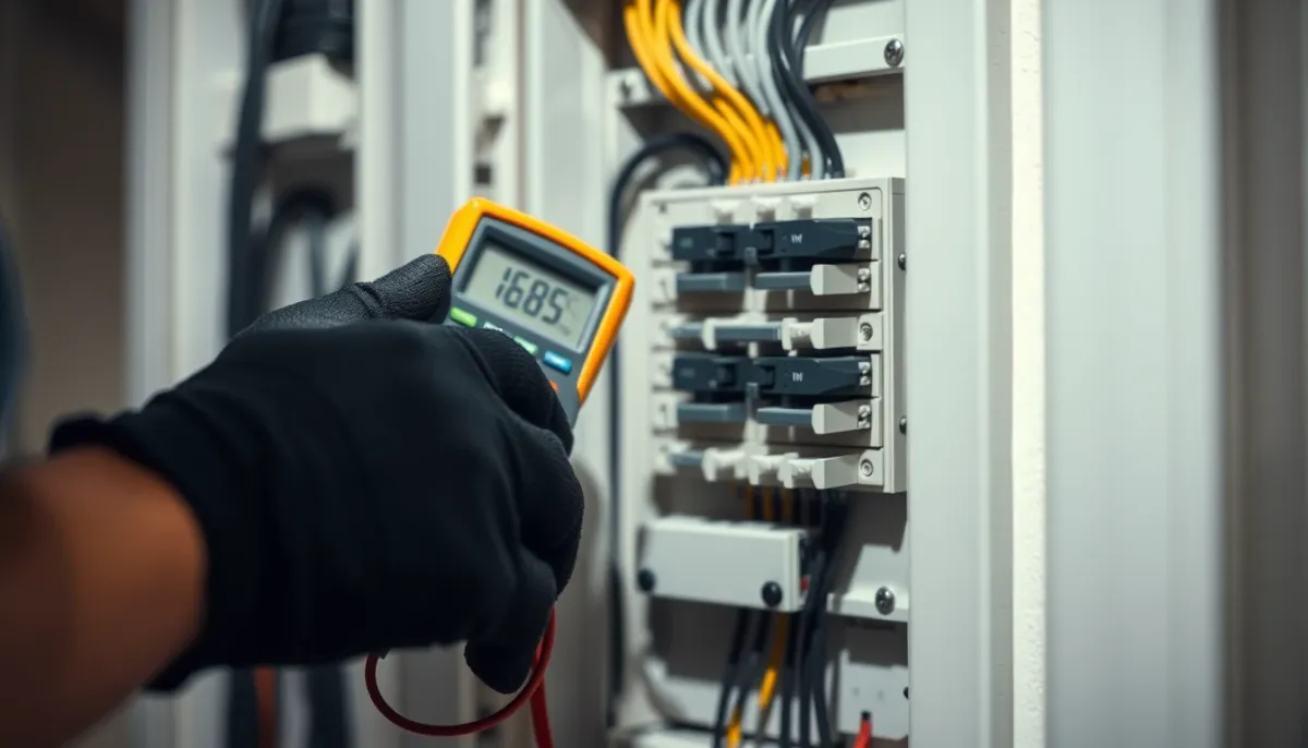 Mains d'un technicien vérifiant un tableau électrique avec un multimètre