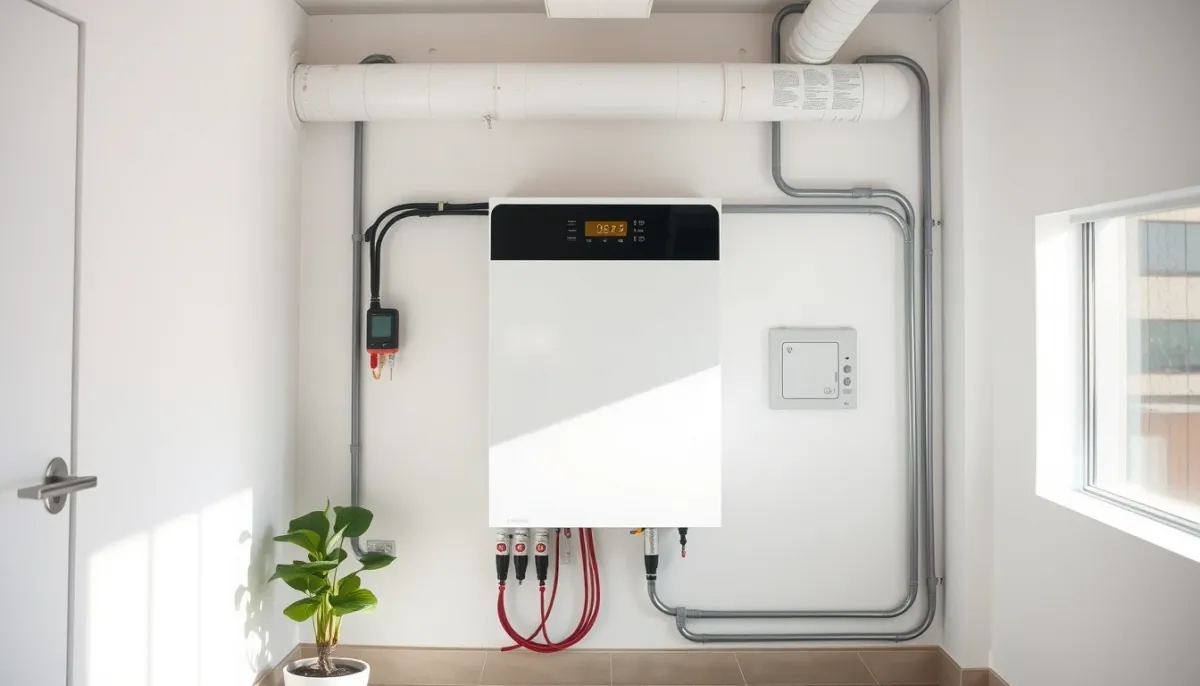 Onduleur solaire moderne installé dans un local technique propre et bien organisé