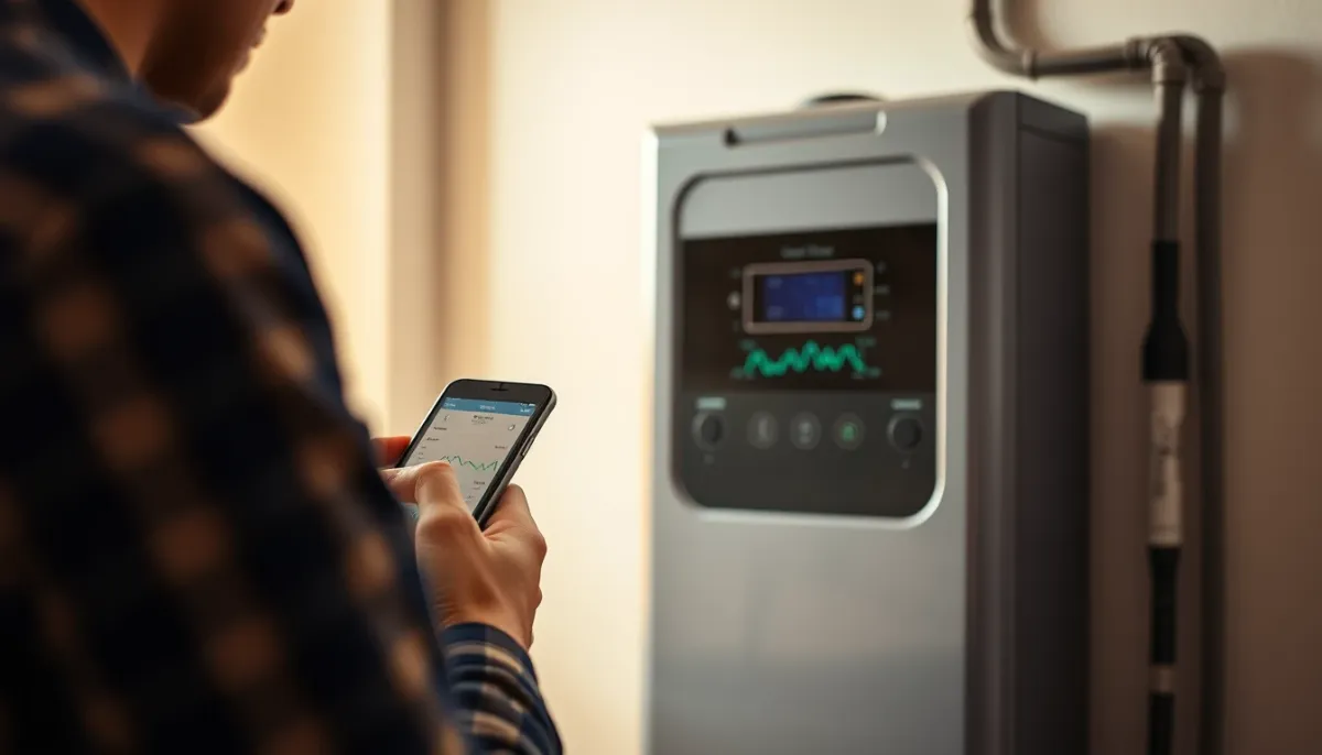 Personne consultant l'application de suivi de production solaire sur son smartphone devant un onduleur