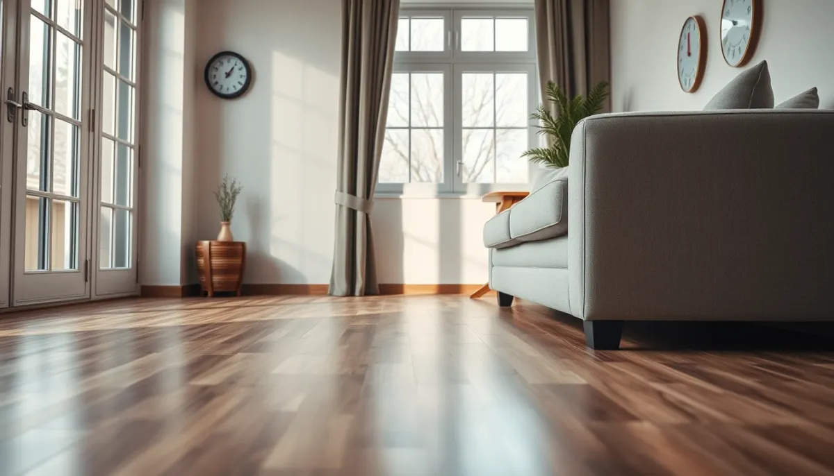 Salon confortable avec plancher chauffant rafraîchissant, illustrant le confort d'été