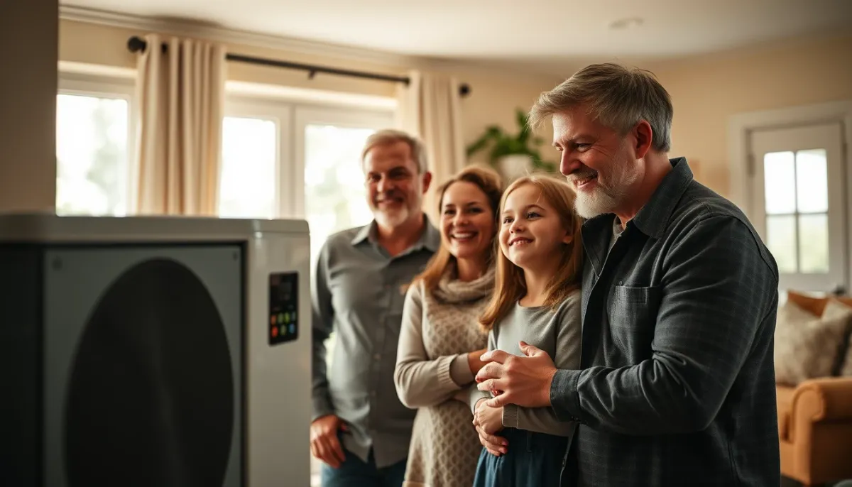 Famille dans une maison confortable équipée d'une pompe à chaleur air/eau réversible