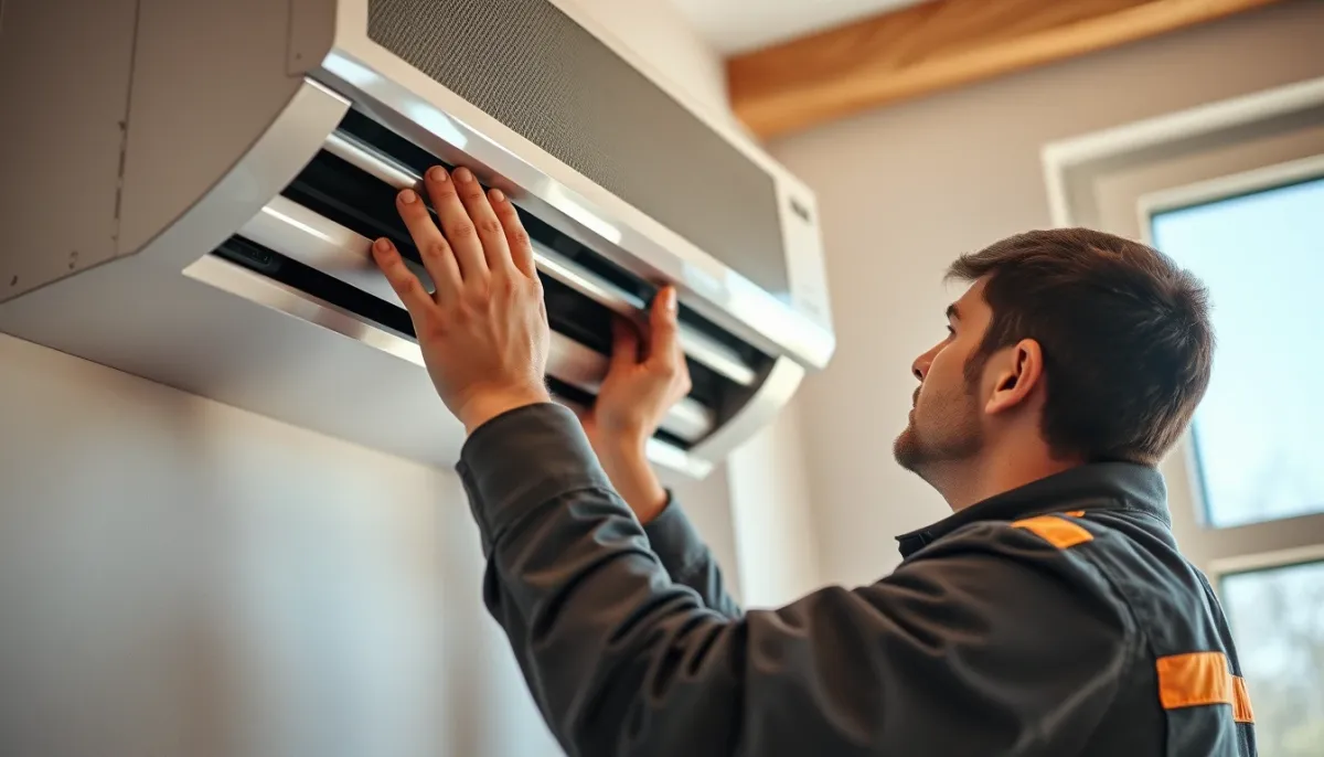 Technicien installant une unité intérieure de pompe à chaleur air-air