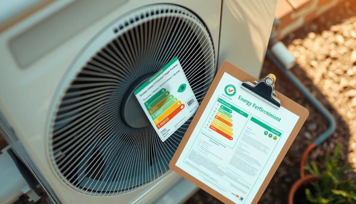 Documents et étiquettes énergétiques près d'une pompe à chaleur air-air