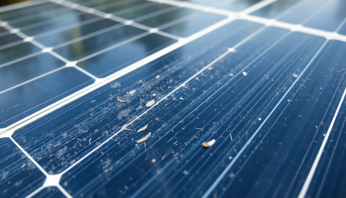 Gros plan sur des panneaux solaires encrassés par le pollen et la poussière