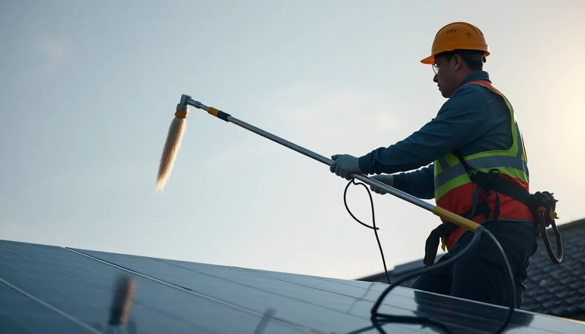 Professionnel nettoyant des panneaux solaires avec une perche télescopique