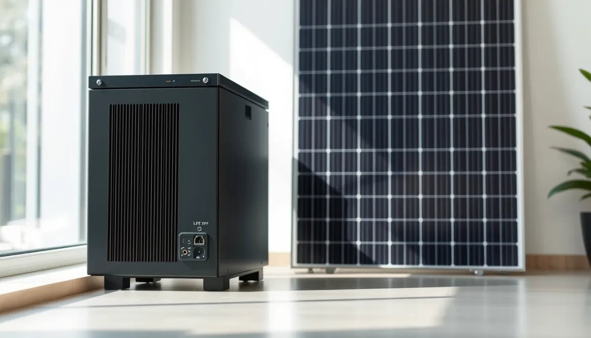 Batterie lithium LFP résidentielle pour installation solaire de 6 kWc, vue de trois quarts