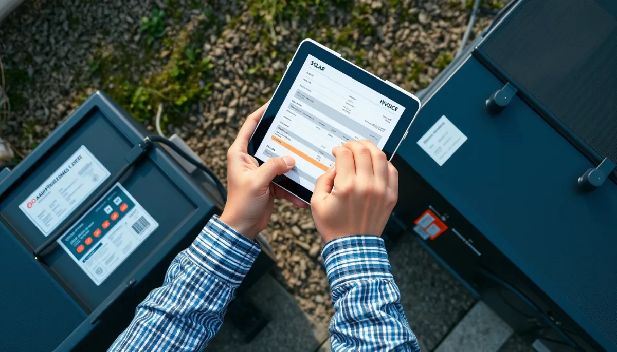 Devis et facture pour l'installation d'une batterie solaire, avec tablette et batterie en arrière-plan