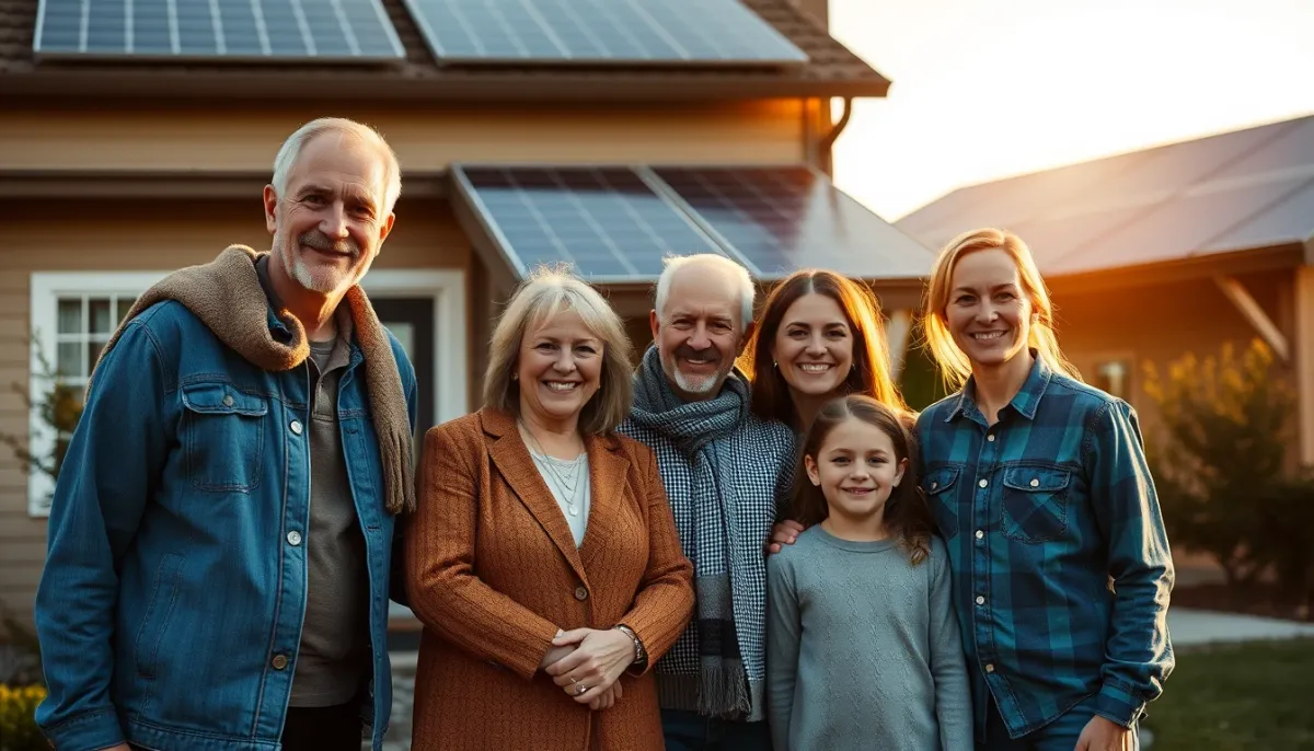 Famille devant sa maison équipée de panneaux solaires et d'une batterie, à l'heure dorée