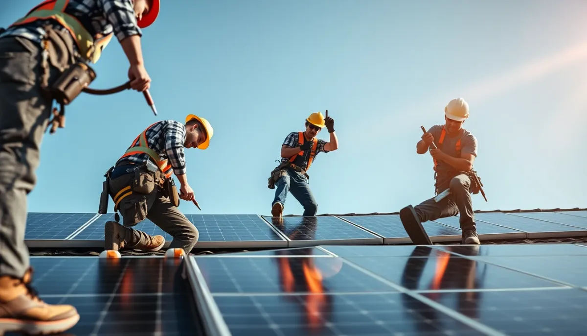 Installateurs posant des panneaux solaires sur un toit