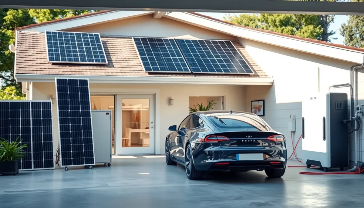 Maison équipée de panneaux solaires, voiture électrique et batterie domestique