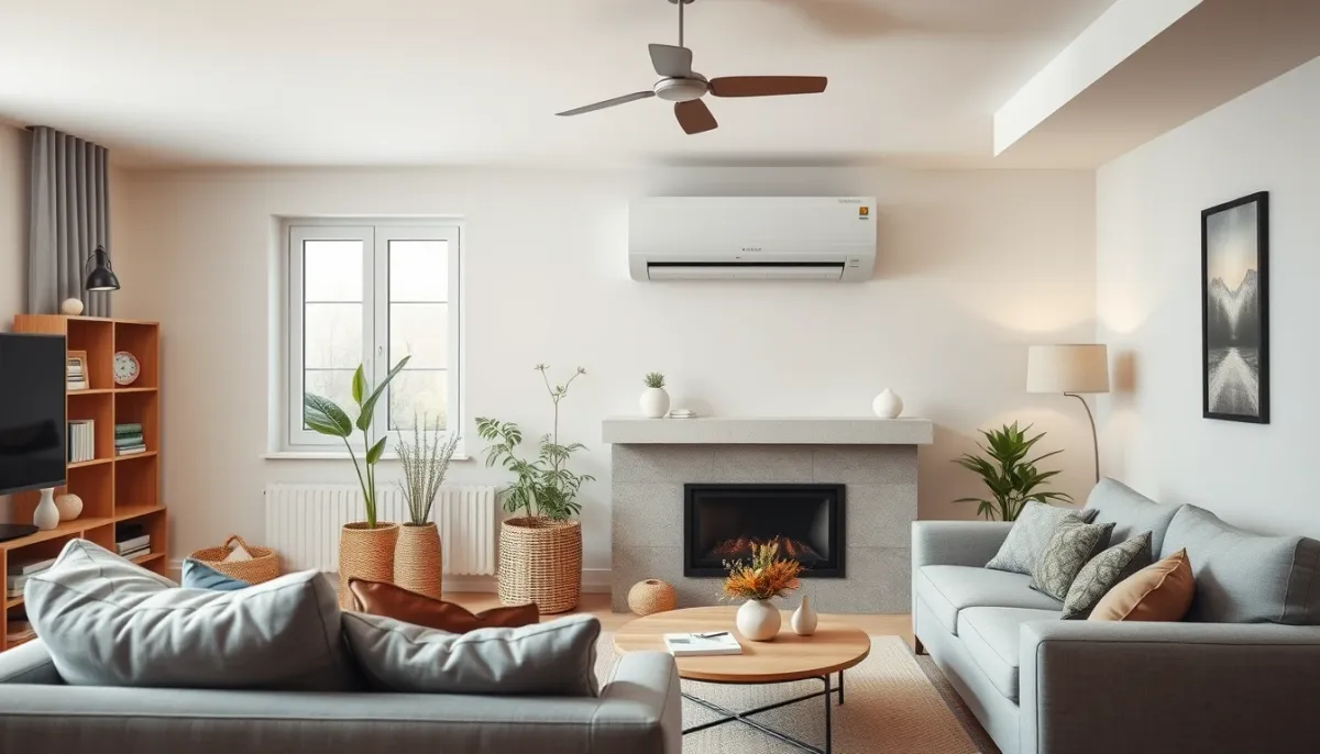 Salon confortable équipé d'une pompe à chaleur air/air pour un air sain