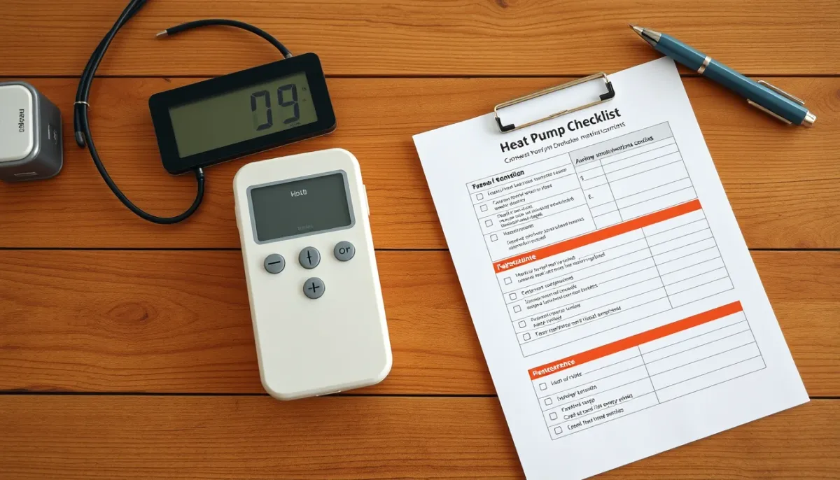 Télécommande de pompe à chaleur et liste d'entretien sur une table