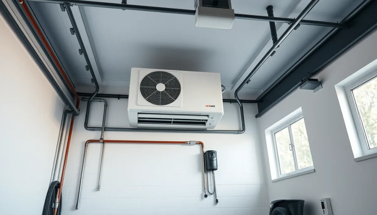 Module intérieur d'une pompe à chaleur split installé dans un garage ou une buanderie
