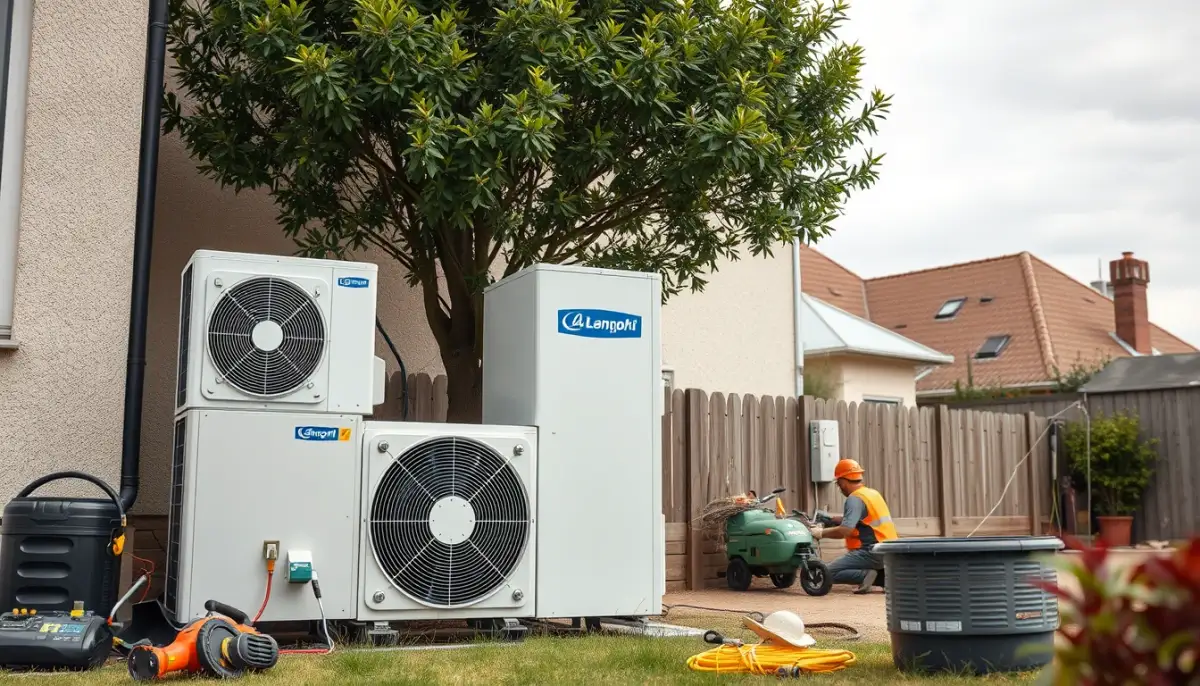 Installation d'une pompe à chaleur monobloc dans un jardin francilien par un technicien
