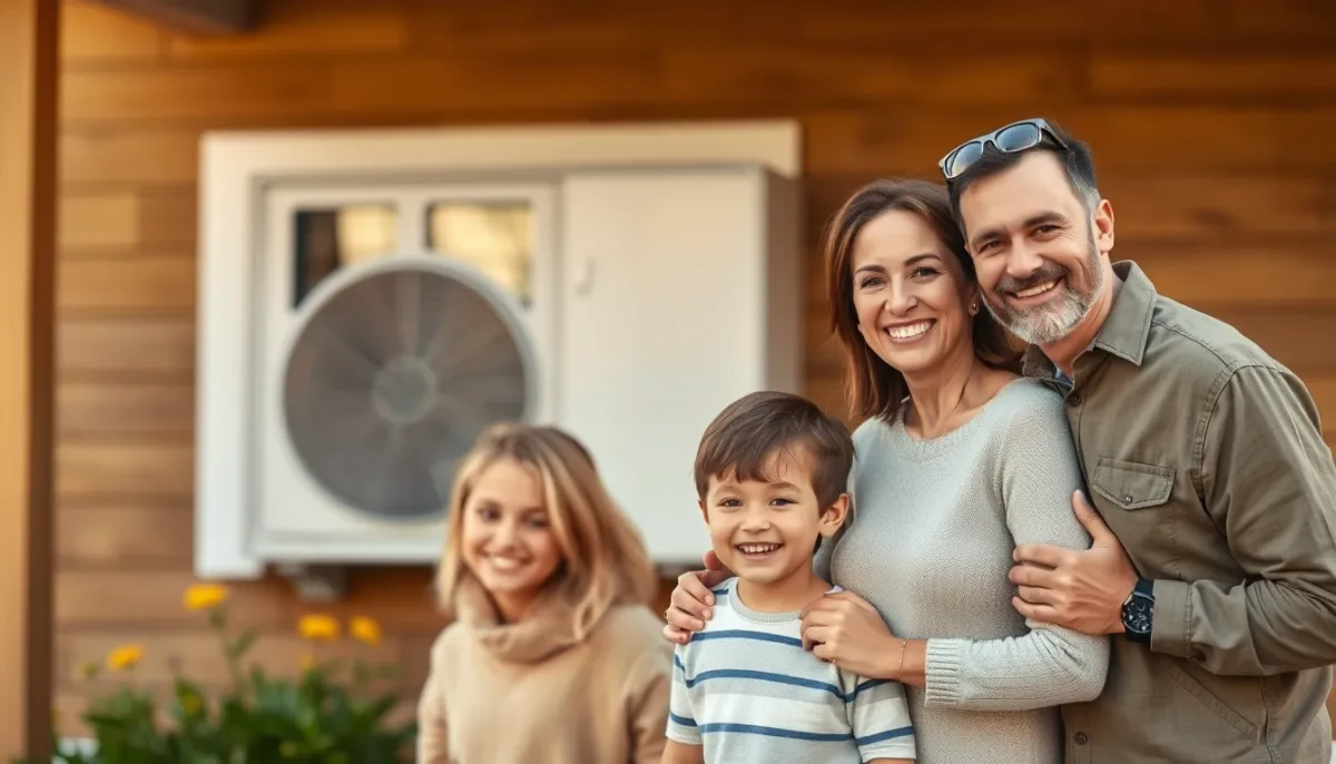 Famille devant sa maison équipée d'une pompe à chaleur air/eau, illustrant le confort et l'efficacité énergétique
