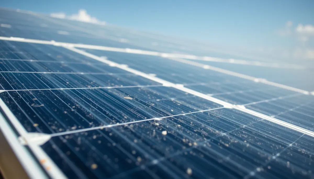 Gros plan sur des panneaux solaires présentant un encrassement visible