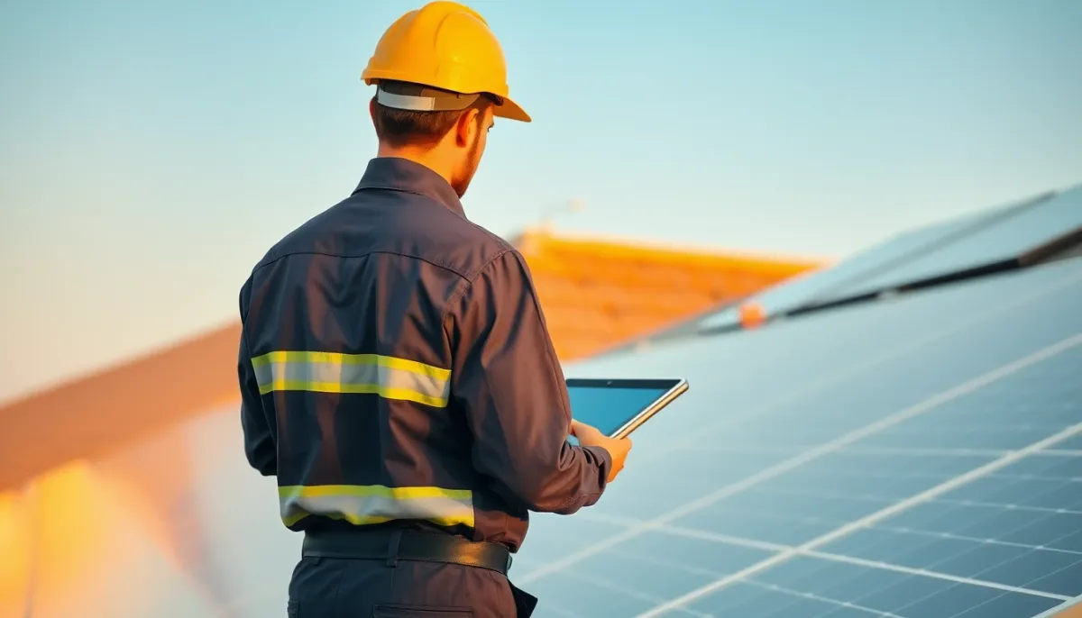 Technicien réalisant un contrôle annuel des panneaux photovoltaïques